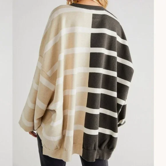 Free People Uptown Oversized Gray & Cream Striped Pullover Sweatshirt EUC Small - Picture 12 of 12